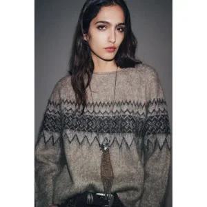 (MD PICK) ZARA 페이크 브러시드 자카드 니트 스웨터 - 샌드 그레이 9598206081 130202