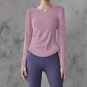 [옷자락]여성 운동 요가 스판 브이넥 셔링 타이트 긴팔티