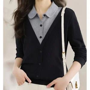 [하프클럽/]브이라인 카라셔츠 레이어드 니트 D6FAE8