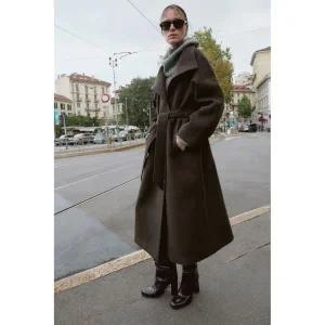 [정품] 자라 자켓 데일리 야상 아웃터 ZARA 벨트 소프트 하이넥 코트 - 브라운