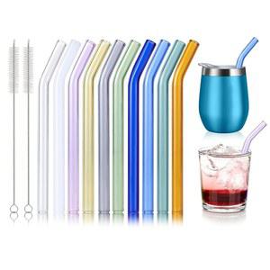 재사용 가능한 구부러진 짧은 유리 빨대 10개, 15.2 x 8mm 다채로운 비산 방지, 텀블러, 위스키 및 칵테일 잔 컵, 커피 머그잔용 클리너 브러시 2개 포함