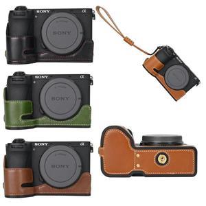 A6700 오일 스킨 카메라 가방 소니 호환  알파 용 PU 가죽 하프 바디 케이스 핸드 스트랩이있는 배터리 오