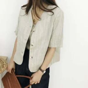 여성 반팔 자켓 노카라 크롭재킷 브이넥 린넨자켓