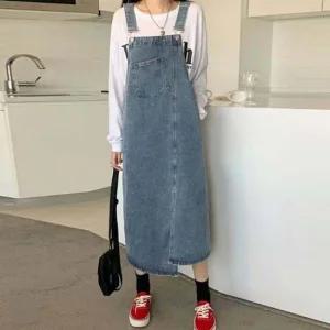 멜빵원피스 여성 언발 데님 멜빵 롱원피스 1P 레이어드 청치마