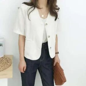 린넨 여름 노카라 브이넥 크롭 반팔 자켓