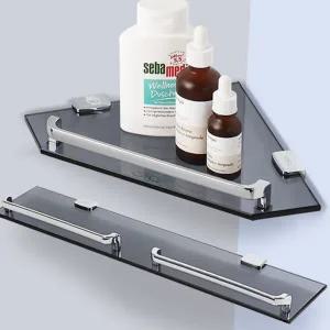 욕실 강화 유리 선반 크롬 일자 블랙 화장실 코너 선반 오각 가이드바 블랙코너 벽걸이 모서리 샤워실