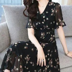 [하프클럽/]쉬폰롱원피스 DS168 여름 여성쉬폰원피스 플라워 반팔