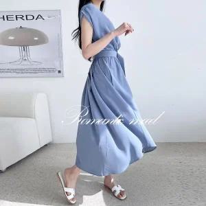 [하프클럽/]여성 셔링 캡소매 밴딩 롱 원피스 DJW-OPL-SKQQZ3192-블루