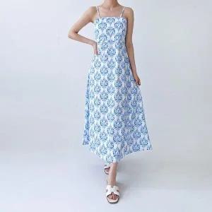 [하프클럽/]여자 에스닉 백크로스 롱원피스 DJW-OPS-SGSSDR222-화이트블루