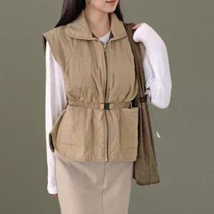 [하프클럽/]여성 기모 퀼팅 패딩 조끼 벨트 나일론 바스락