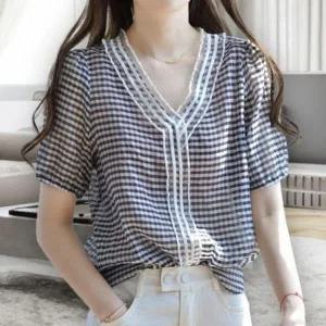 [하프클럽/]여성용 여름철 반소매 스테디 브이라인 프릴 체크무늬 탑 브라