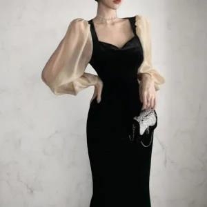 [신세계라이브쇼핑][옷자락] 여성 벨벳 레이어드 쉬폰 퍼프 소매 슬림 롱 드레스