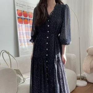 [하프클럽/]여자춘절기 추절기 브이라인 프릴 장팔 롱라인 원피스룩 네이비