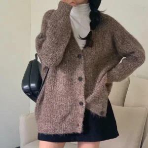 아트박스/신상오픈런 여성용 브이넥 울 박스핏 버튼 가디건