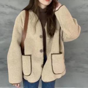 여성 캐주얼 배색 노카라 뽀글이 양털 루즈핏 카디건