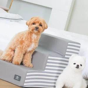 [골드스마일]강아지 편안한 계단 3단 스트라이프 소파 그레이 고탄성 순면