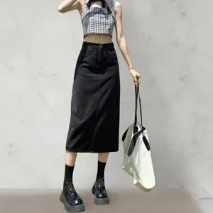 [다잇템] 여성 치마 검정 면혼합 슬릿 캐쥬얼 롱_23740573_588872