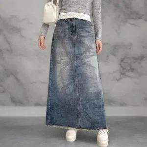 [다잇템] 여성 데님 롱 슬릿 워싱 카모 힙무드 스커트_23740571_588872