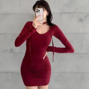 [다잇템] 여성 쁘띠 보우 V넥 긴팔티 잔주름 스트랩 드레스_23740527_588872