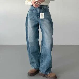 여자 커브드 벌룬 절개 배기핏 캣워싱 가을 청바지_3