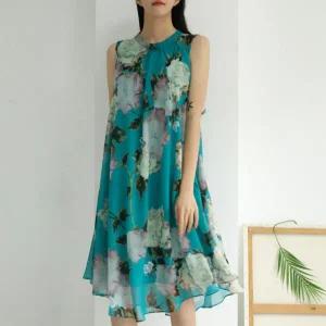 여자 플라워 휴양 플레어 쉬폰 민소매 초록 원피스_3