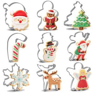 크리스마스 쿠키 커터 세트 - 9개 트리, 진저브레드 맨, 눈송이, 눈사람, 천사, 산타 페이스, 산타클로스, 사탕수수, 순록 모양, 스테인리스 스틸 금속 비스킷 몰드