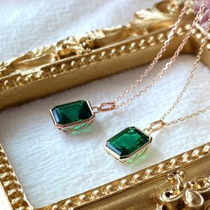[모네츠]14K 탄생석 에메랄드 그린 5월 컬러스톤 드롭 사각 스탭컷 목걸이 펜던트