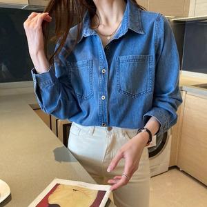 [슈크라]2024 봄 레트로 데님 자켓 슬림 미디엄 롱 셔츠
