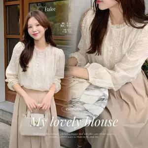 핫핑 [하객룩추천] 루에브 시스루 레이스자수 프릴넥 퍼프 긴팔블라우스