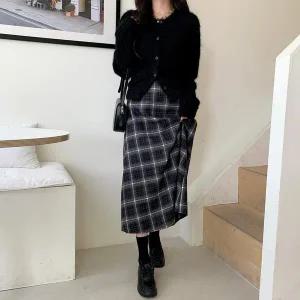 [하프클럽/]민디야 체크 패턴 A라인 모직 롱 스커트