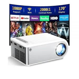 WiFi 블루투스가 있는 미니 프로젝터 아이폰호환용 야외 휴대용 미니 프로젝터 내장 스피커가 있는 1080P