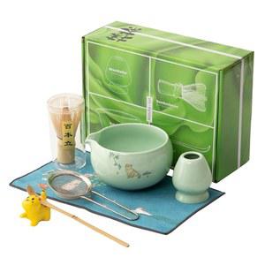 말차 거품기 7종 세트, 파우더 세트 볼에 노즐, 스탠드, 스테인리스 스틸 체, 천 매트, 숟가락 가정용 주방 장식 선물(녹색)