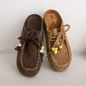 모카크림 리본 통굽 털슬리퍼(5cm)