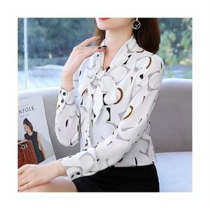 COSYEVNO 중년 엄마 셔츠 가을 리본 넥 프린트 심플 루즈 캐주얼 코디 긴팔 상의 CXJcs-08