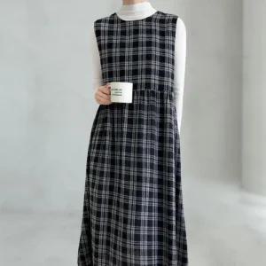 여성 가을 패션 속기모 민소매 체크 롱드레스