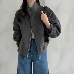 [옷자락]여성 단색 울혼합 하이넥 부클 반코트