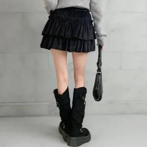 [옷자락]여성 사랑스러운 두툼한 캉캉 프릴 벨벳 미니 치마