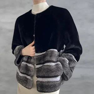 [옷자락]여성 겨울 컬러블록 인조밍크 모임용 털코트 안감가죽 자켓