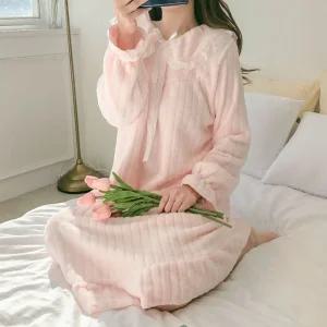 여성 레이스 카라 원피스 리본 공주 파자마 수면 잠옷