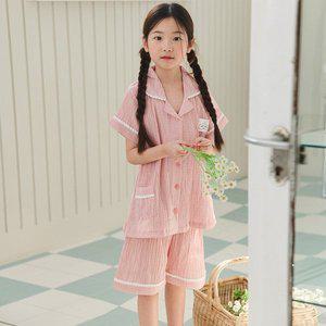 [신세계몰]찌니야 국내제작 루이체크 카라 순면 여아동잠옷 반팔상하세트