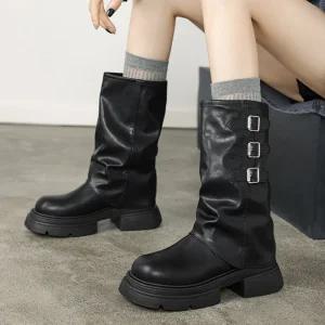 더구두 레이어드 버클 통굽 미들부츠 롱부츠(6cm)-2559