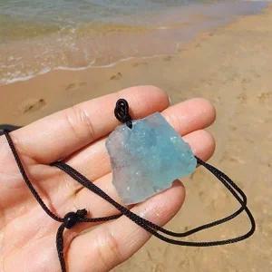 비취색 아쿠아 마린 루스 스톤 매듭 끈 목걸이-WFGW59C