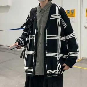 루즈핏 단추 체크패턴 긴팔가디건 남성 도톰 레이어드 집업니트