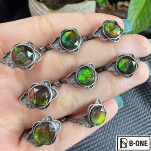 유닛 원피스 925 실버 인레이 천연 레인보우 플래시 암몰라이트 크리스탈 힐링 디자인 원석 반지