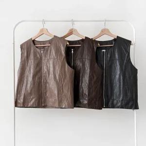 여성 가죽 조끼 스트링 집업 양면 포켓 가을 베스트