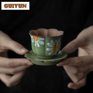 찻잔 손으로 그린 해바라기 꽃잎 레트로 올드 머드 마스터 코스터 그릇 쏘서 키트 포함 쿵푸 용기 50
