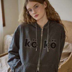 [2-WAY] KOKO 아플리케 피그먼트 후드 집업 스모크블랙