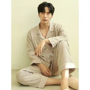 [하프클럽/]소프트베이지 긴팔 순면 남성 빅사이즈 잠옷 세트