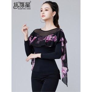 라틴 상의 여성 신상 럭셔리 시스루 챠밍 라인 긴팔 사교 왈츠 망사 댄스복 프린트