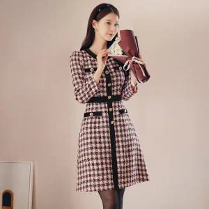 [시크라인] (~XXL까지) 미라닉 벨벳배색 체크 트위드 원피스 겨울 하객룩 오피스룩 모임룩 격식룩 연말룩 빅사이즈